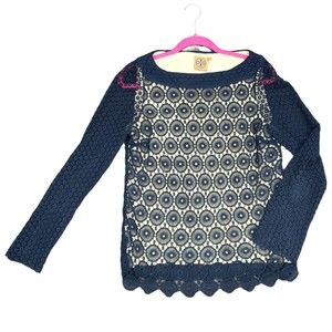 Tory Burch Women's size 6 Blue Cotton Silk Lace Long Sleeve Top